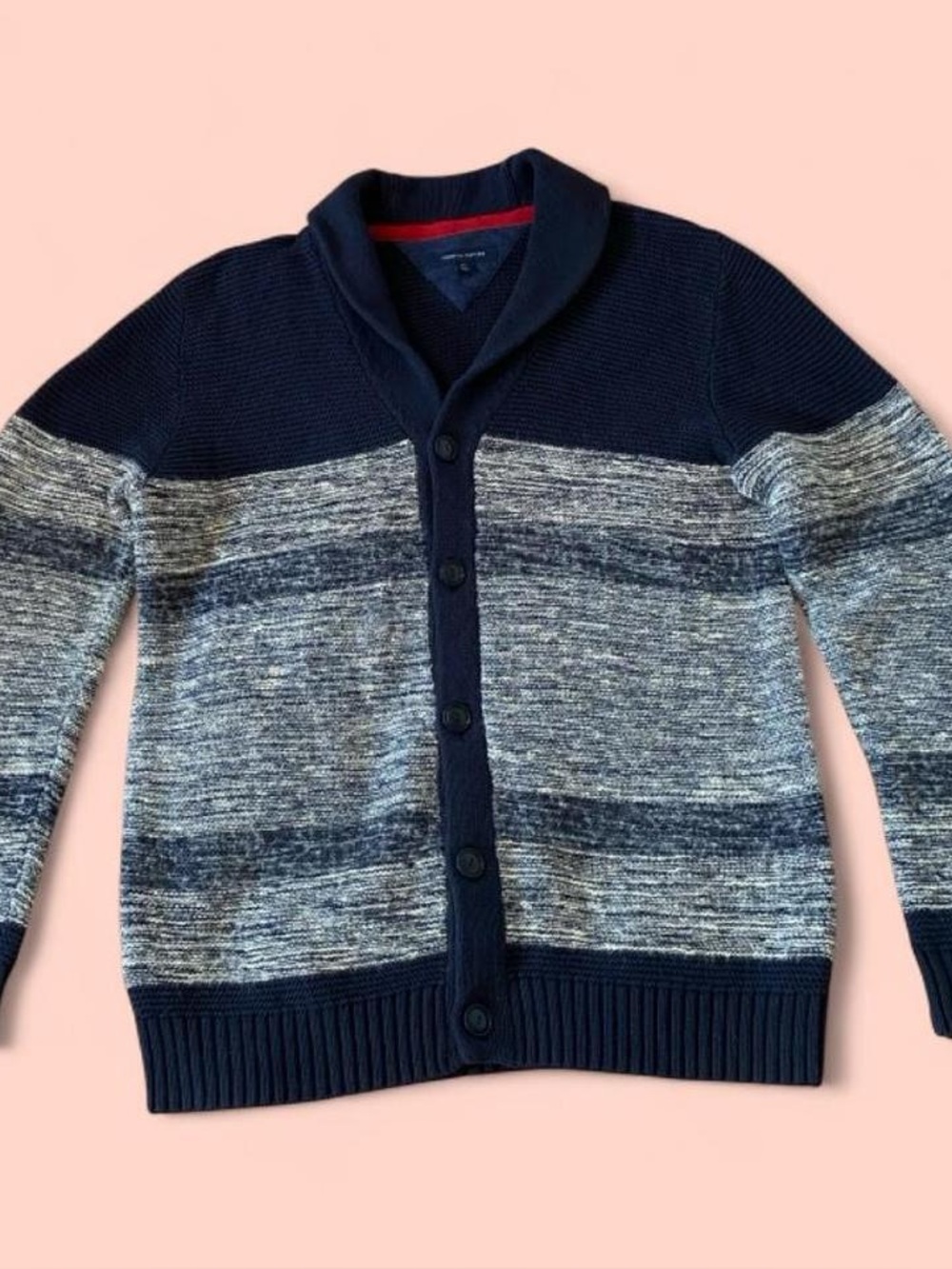 Tommy Hilfiger Navy and Gray Stripe Shawl Collar Cardigan